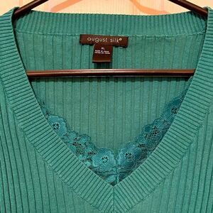 August Silk Turquoise Ribbed Long Sleeve V-Neck Shirt with Lace Collar XL